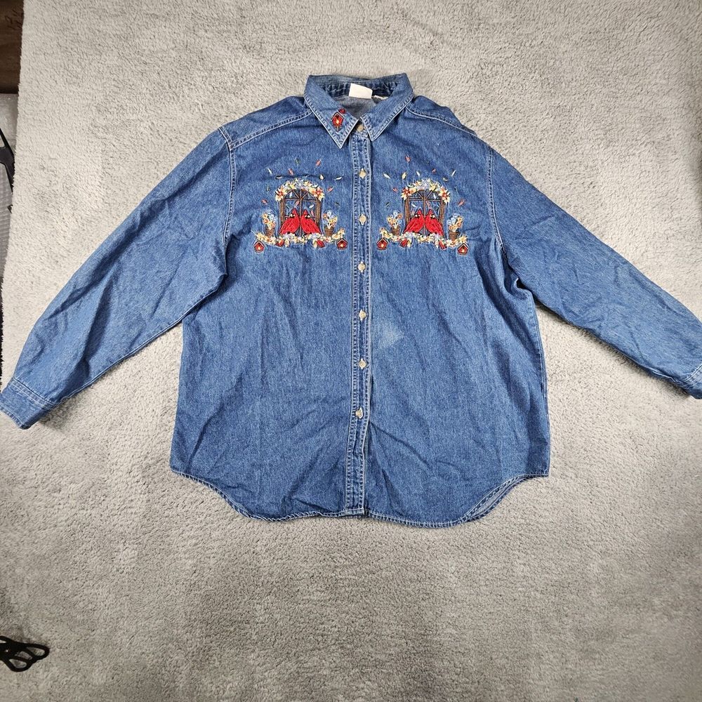 VTG Bobbie Brooks Top Womens XL Embroidered Floral Cardinal Denim L/S Denim